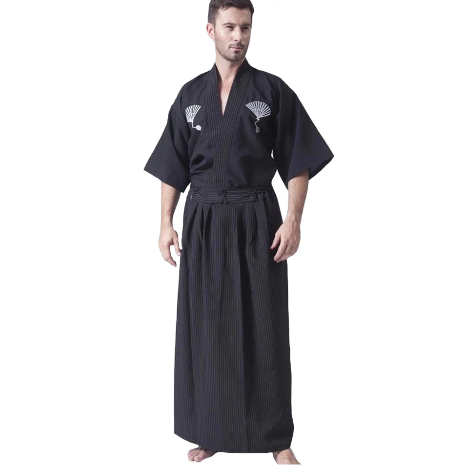 

Black Traditional Kimono Haori Men Yukata Bathrobe Japanese Samurai Clothing Male Anime Cosplay Robe Gown Halloween Costume