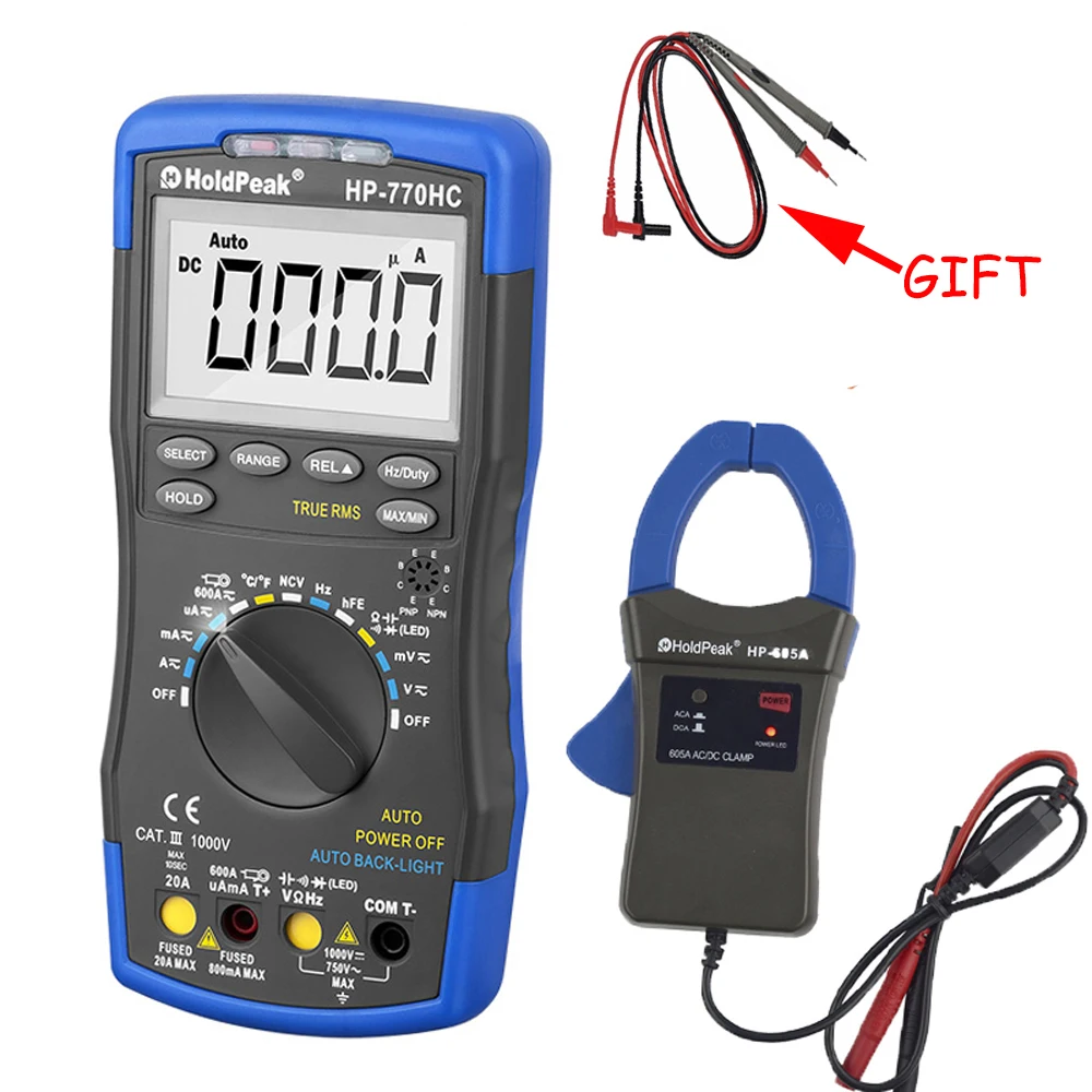 

HP-770HC+HP-605A HoldPeak True RMS Autoranging Probe Digital Multimeter With NCV Clamp Adapter 600A AC/DC Current Power LED 45mm