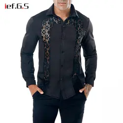 IEFGS брендовая мужская черная рубашка кружева шить странно дизайнер повседневные slim fit Длинные рукава hollowed Модная рубашка Топы уличной