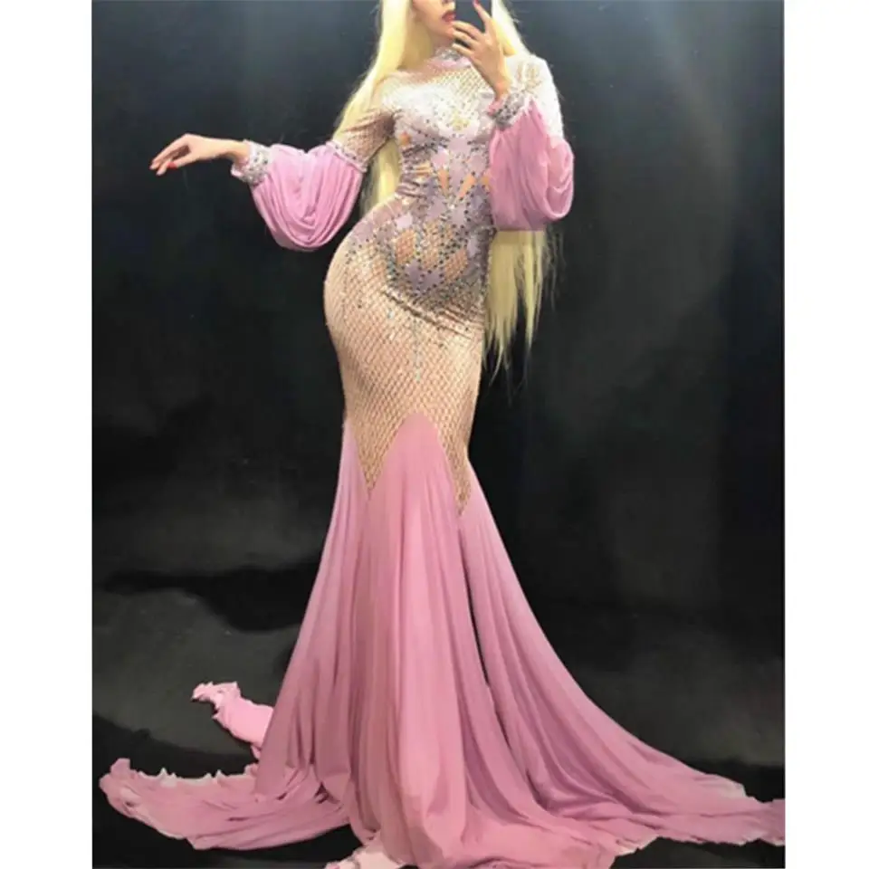 Sexy Pink Women Long Dress Sparkling Rhinestone Party