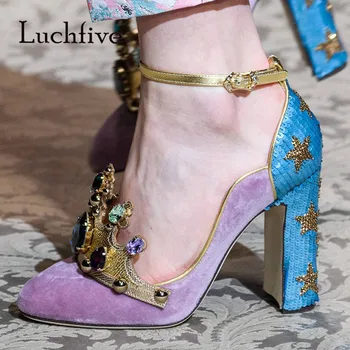 

2018 Handwork Crown Jewel High Heel Shoes Women Pointed Toe Bling Sequins Ankle Strap Wedding Shoes Woman