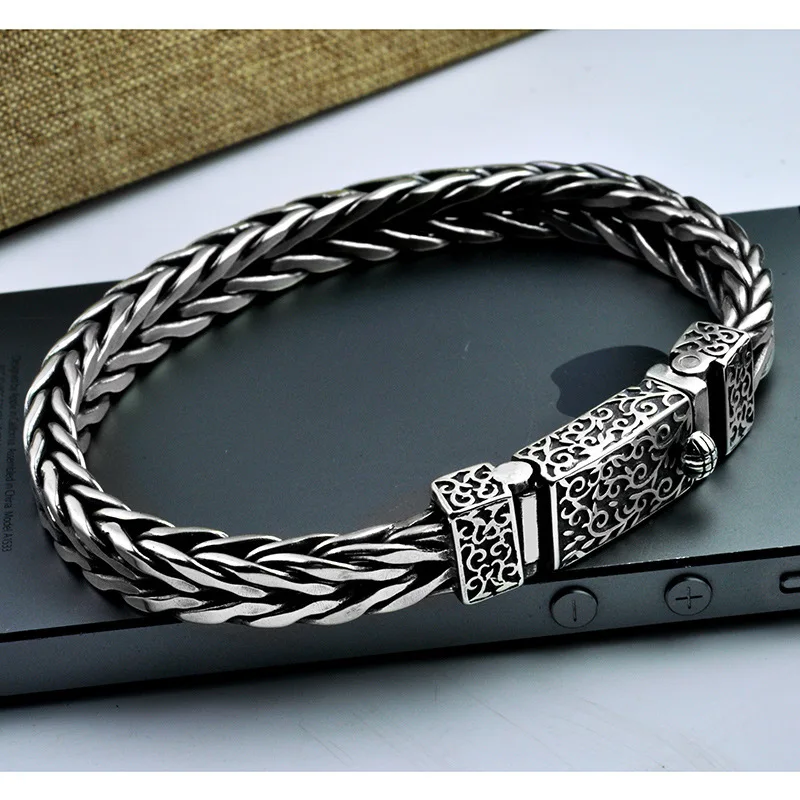 

Thai Silver Retro men's Silver Bracelet Handmade Woven Personality Rough S925 Sterling Silver Bracelet Factory Wholesale