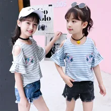 Новая летняя детская одежда для девочек в полоску с вышивкой футболка и футболки для школьниц с открытыми плечами Flare рукавом хлопковая футболка детский топ