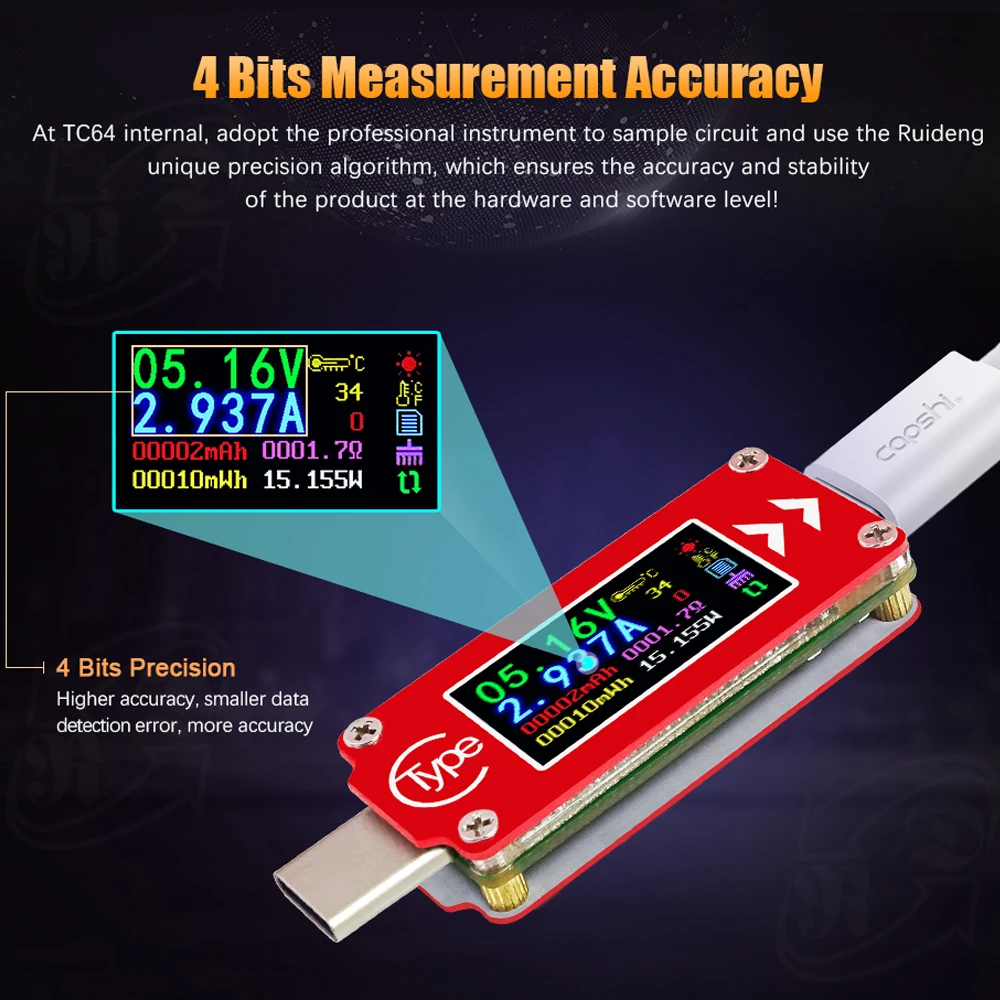 TC64 type-C цветной ЖК-дисплей USB Вольтметр Амперметр Напряжение измеритель тока мультиметр батарея PD Зарядка банк питания USB Тестер