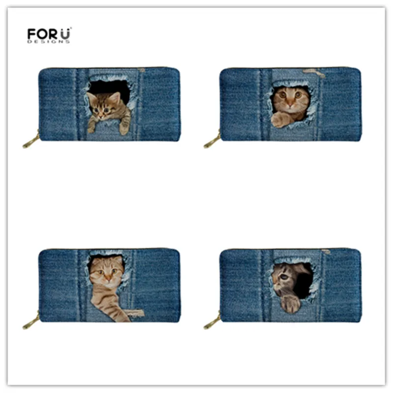 

FORUDESIGNS Girls Cute Denim Cat Printing Coin Pocket Ladies Cluth Long Purse Pu Leather Feminina Phone Card Holder Carteira