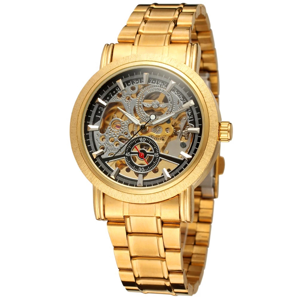 

Fashion WINNER Brand Men Luxury Gold Skeleton Stainless Steel Watch Mechanical Hand Wind Wristwatches Gift Box Relogio Releges