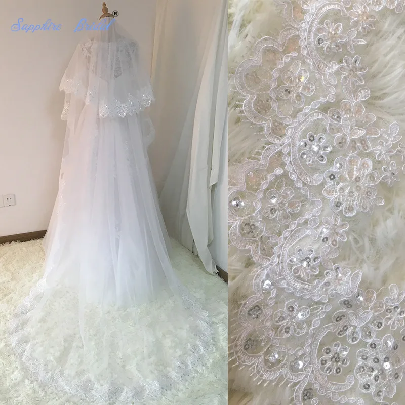 Tanie Sapphire Bridal Velos De Novia 2018 koronkowe welony ślubne damskie 3 metry 2 warstwy aplikacja z koronki ślubne welony ślubne z grzebieniem