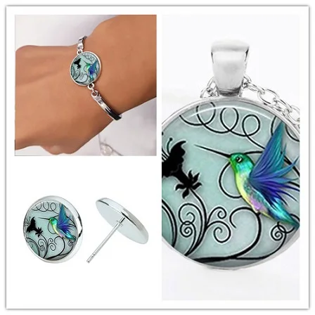 Hummingbird Time Gemstone Set Necklace Hummingbird Stud Earrings Gemstone Hummingbird Bracelet small Bird Bee peace pigeon set Jewelry