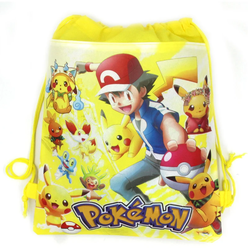 

1PCS Baby Shower Party Kids Favors Mochila Decora Birthday Cartoon Pikachu Theme Yellow Drawstring Gifts Bags Pokemon Backpack