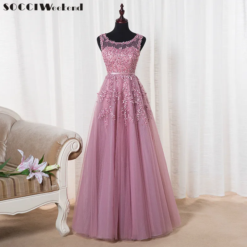 SOCCI Weekend Pink Appliques Lace Tulle Long Evening