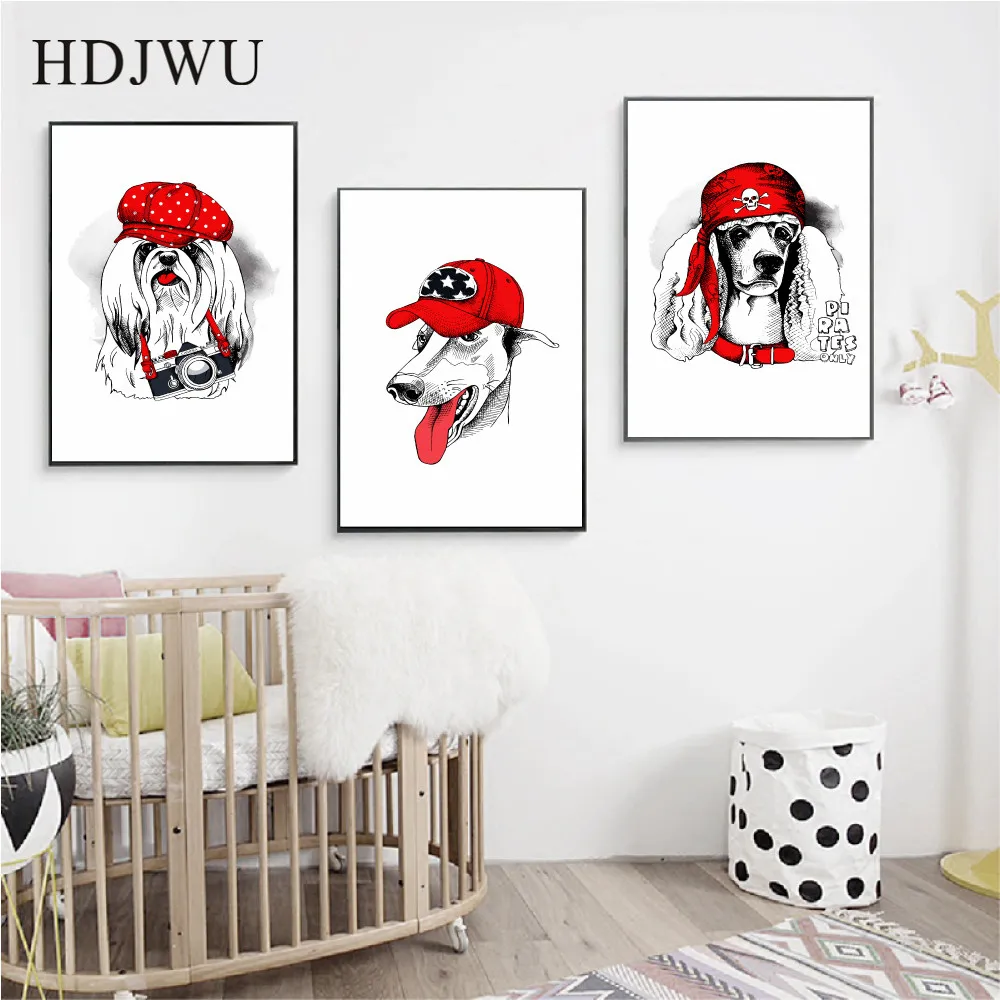 

Nordic Canvas Painting Wall Picture Dog Red Hat Printing Posters Wall Pictures for Living Room Decor DJ101