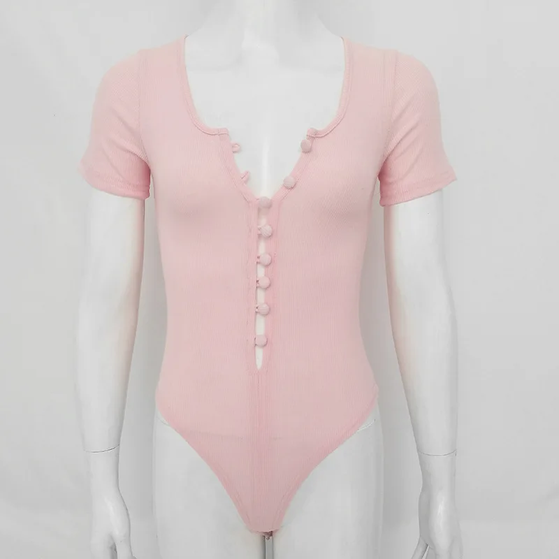 Bottom button 4 season rompers womens jumpsuit bodycon overalls sexy bodysuits bandage short sleeve white pink
