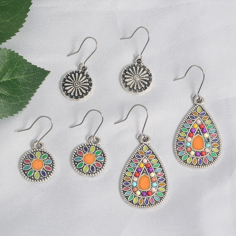 

Boho Round Oval Colorful paint Ethnic Dangle Earrings Silver Emboss Inlay bead drop Earrings Fashion women earrings Jewelry gift