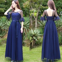 Платье на выпускной вечер, недорогое коктейльное платье на одно плечо с полурасклешенными рукавами темно-синего цвета для свадьбы, вечеринки, официального мероприятия