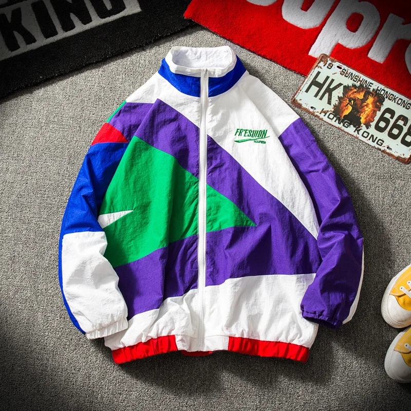 Vente Japonais Streetwear veste hommes rétro couleur couture plein Zip coupe vent veste printemps automne mode décontracté Hip Hop manteau