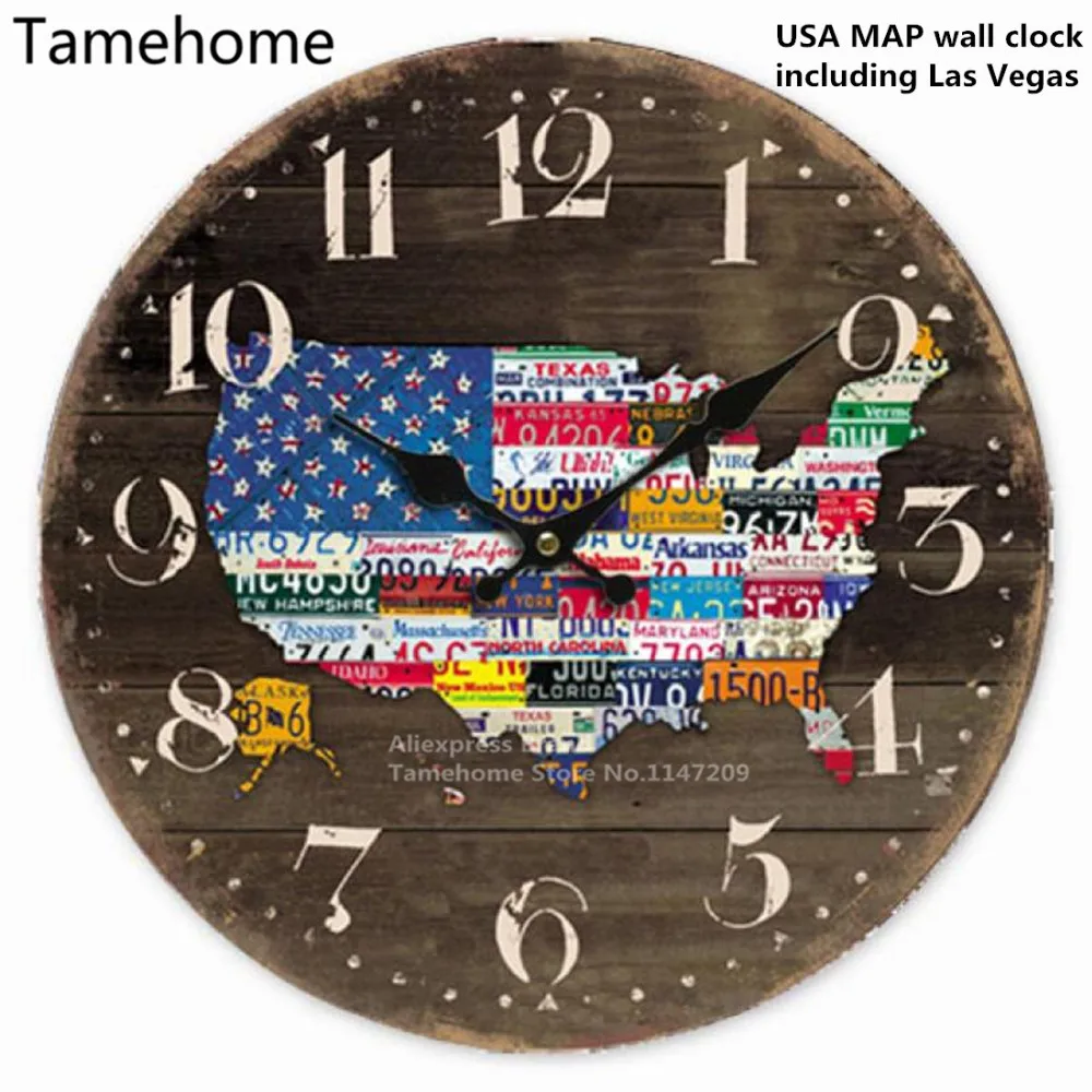 Tamehome Retro Style Usa Amerika Bendera Peta Mobil Plat Nomor Peta Dunia Putaran Jam Dinding