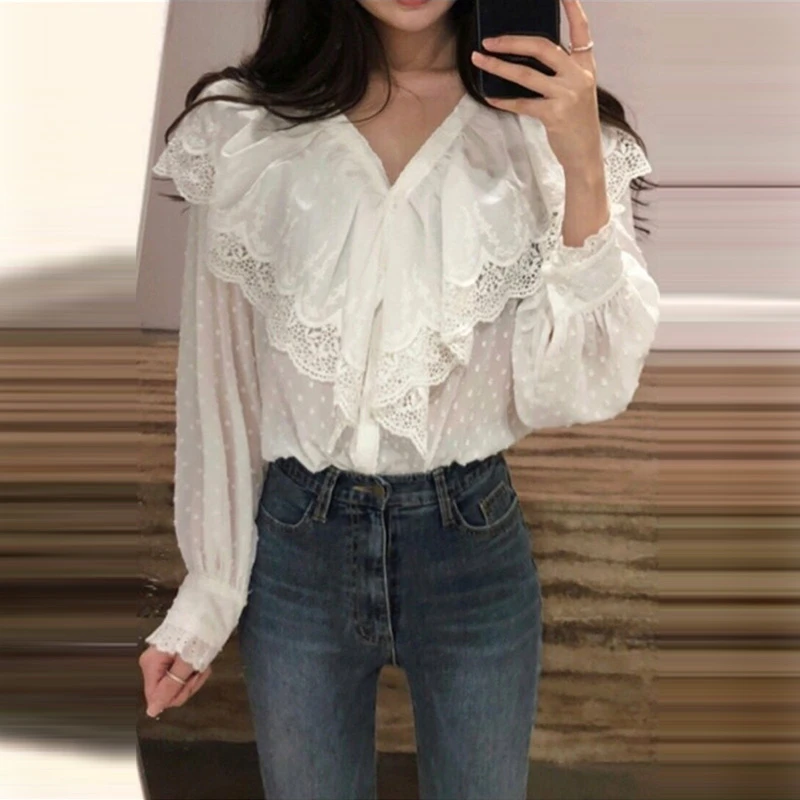 Vogue encaje Ruffles mujeres blancas camisas coreano 2018 nuevas muchachas otoño puntean blusas Full Mujer Todo fósforo Tops| y camisas| - AliExpress