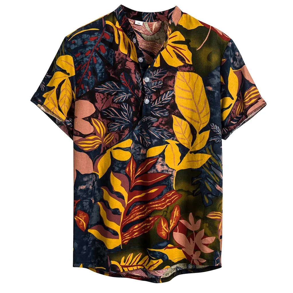 Блузка рубашка мужская Гавайская летняя с принтом Пляжный топ с v-образным вырезом короткий рукав Повседневная рубашка Харадзюку Hombre уличная одежда 19Jun - Цвет: K