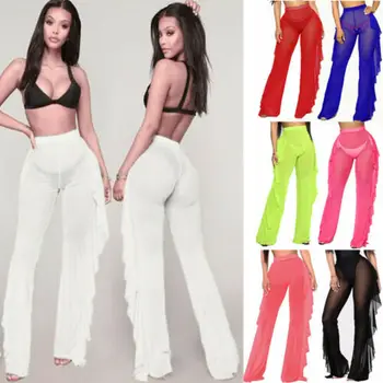 

Sexy Women's See Through Sheer Mesh Ruffle Swimsuits Beach Cover up Pants