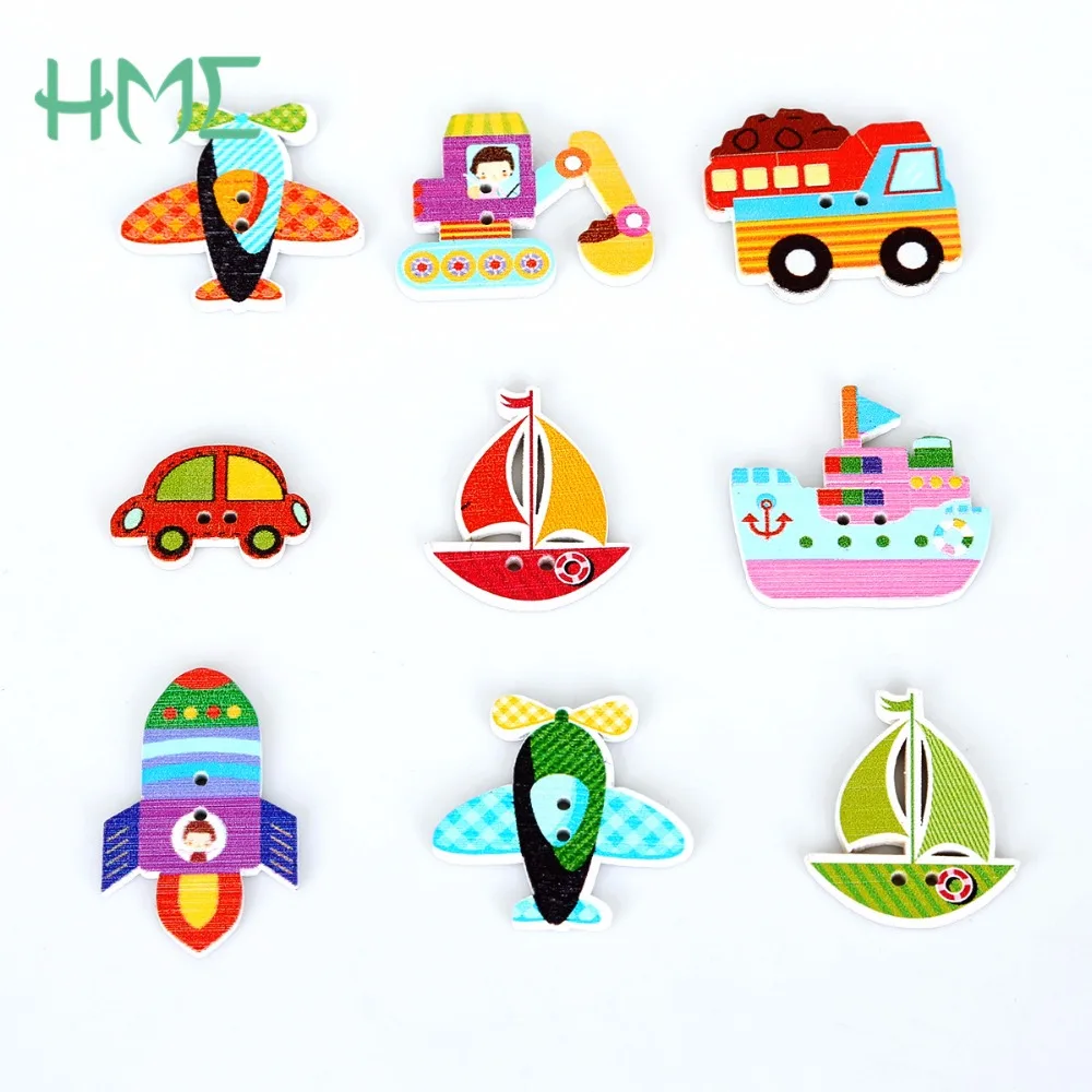 

2017 New Handmade DIY Colorful Wood Sewing Painting Decoration Buttons Scrapbooking Car Rocket Ship shape Mixed Random 50Pcs