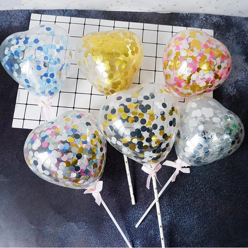 

1pc 5inch heart Confetti Balloon Cake Topper Decoration with Paper Straw Ribbon Baby Shower One Birthday Wedding Party Supplies