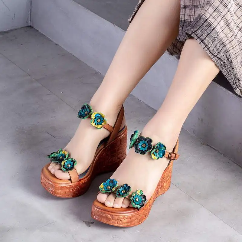 

women 2019 summer genuine leather high heel shoes female flower sandals summer shoes wedge sandals platform sandals vertes 85271