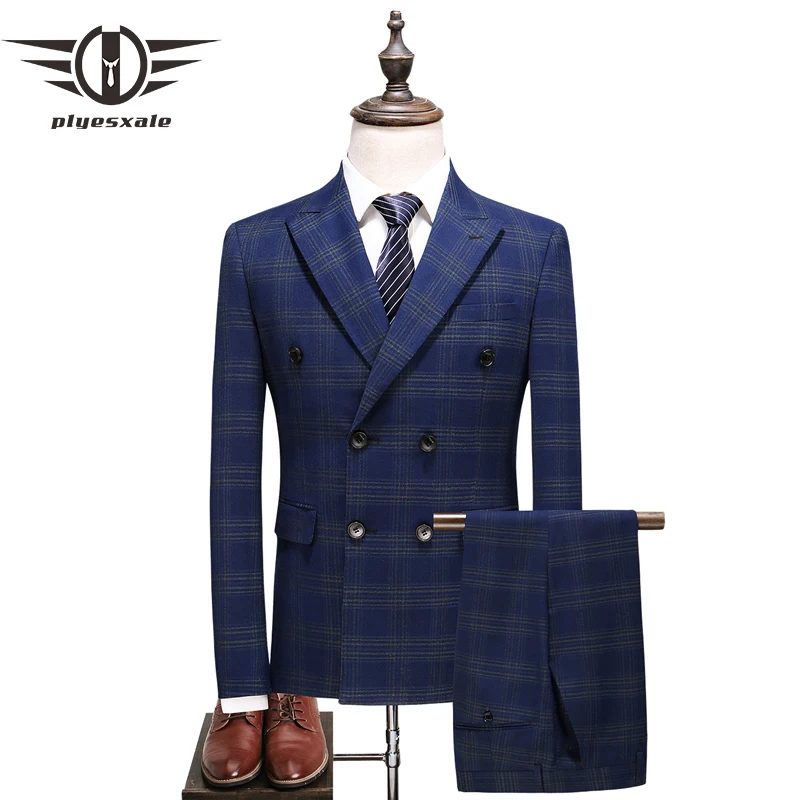 

Plyesxale Mens Double Breasted Suits 2018 Spring Autumn 4XL 5XL Groom Wedding Suit 3 Piece Blue Striped Suit Business Wear Q370