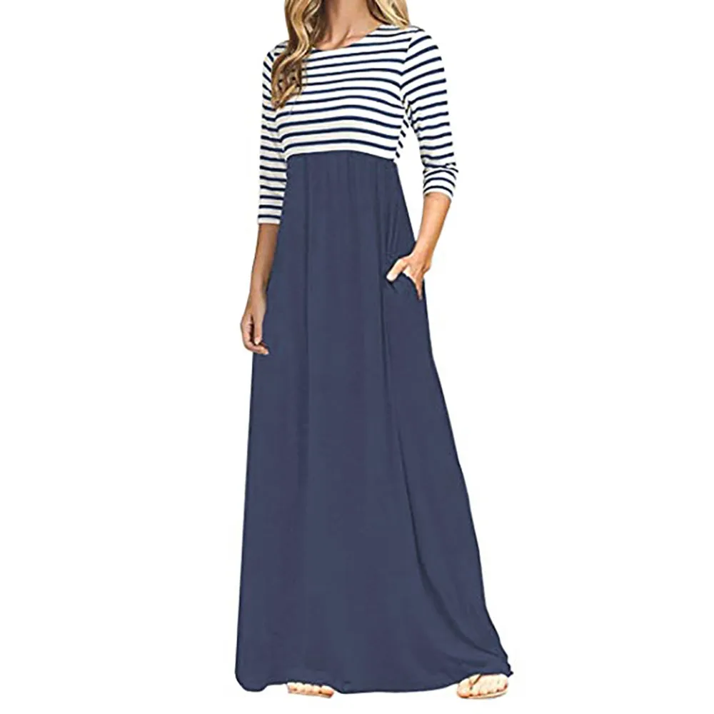 

SAGACE Women Dress 2019 fashion Stripe Long Sleeve High Waist Solid color Long Bohemia Maxi Dresses With Pockets Dress female