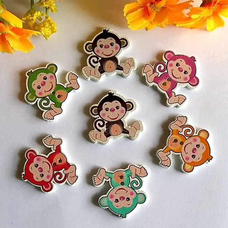 

20/50pcs/lot 28x29mm Random Mixed Multicolor Monkey 2 Holes Wooden buttons Sewing decorative Buttons Beads Scrapbooking