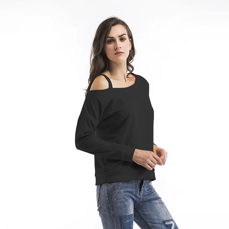 High Quality Women T Shirt Round Neck Shoulder Exposed Tops Long Sleeve