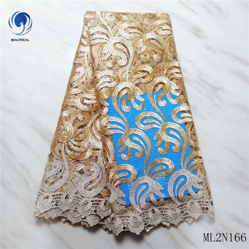 

BEAUTIFICAL Nigerian Lace Fabrics For Wedding 2019 Gold French Lace African Sewing Fabric 5 Yards ML2N166