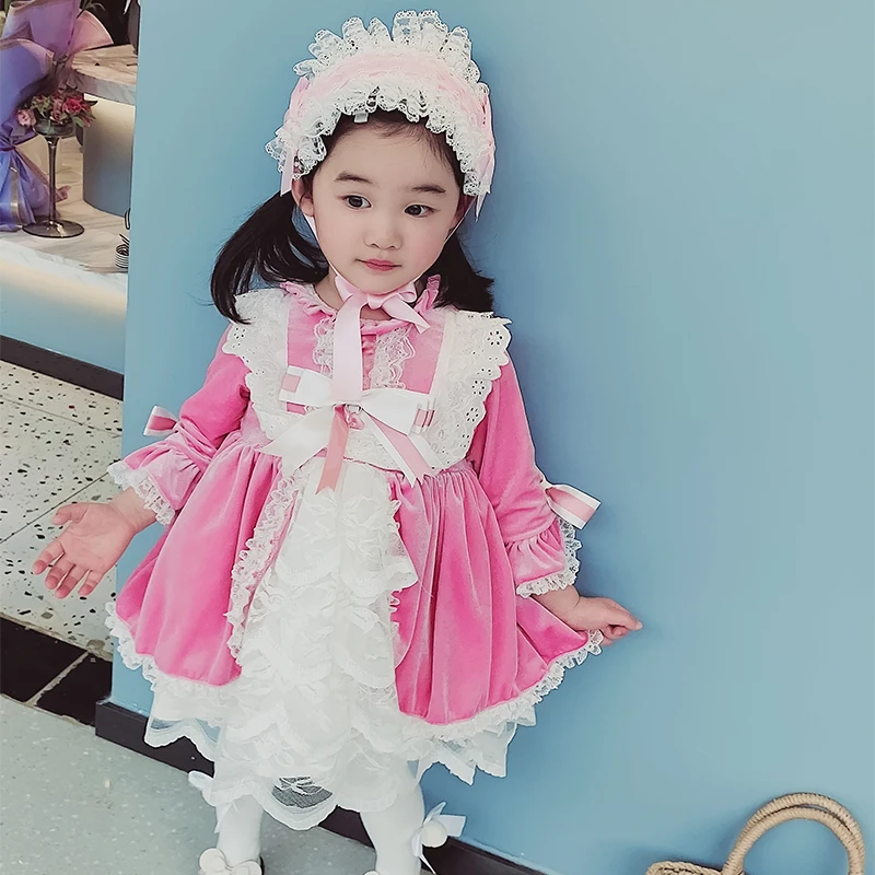 

Spanish Princess Girls Dress Autumn winter lace pink velvet dream retro tutu dress Children 1 2 3 4 5 birthday communion dresses