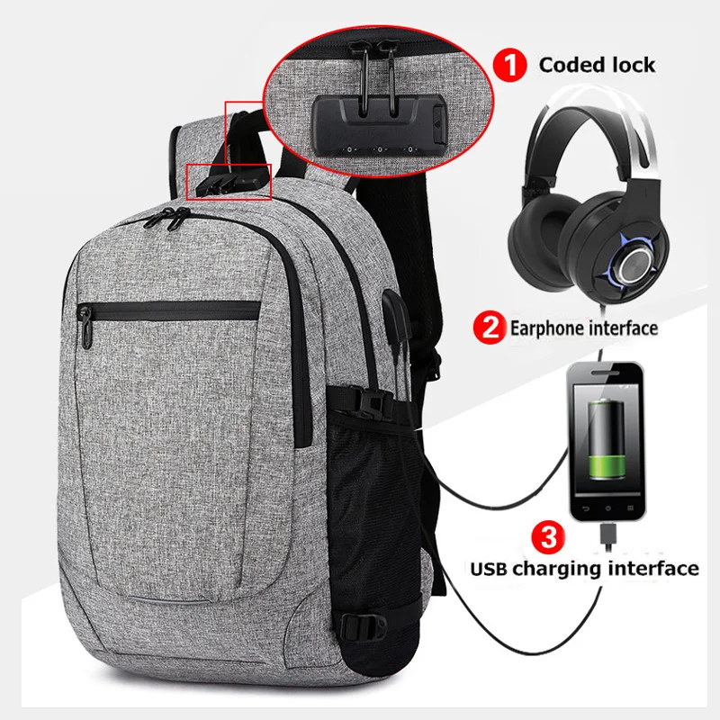 Mochila para hombres, Mochila antirrobo, auriculares USB, Mochila para ordenador portátil, Mochila para hombres, Mochila de viaje de moda informal 2018