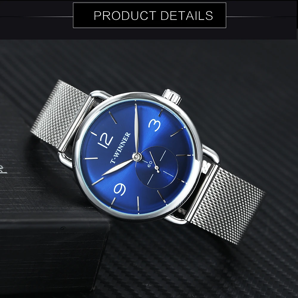 WINNER ультра тонкие простые механические часы для мужчин лучший бренд класса люкс Синий Рабочий суб-циферблат сетчатый ремешок модный лаконичный стальной ремешок