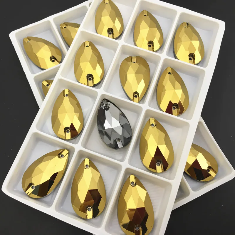 

Gold Hematite Color Teardrop Sew On Rhinestones Droplet Sewing Glass Crystals 7x12mm,10.5x18mm,13x22mm,16x25mm,17x28mm,22x38mm