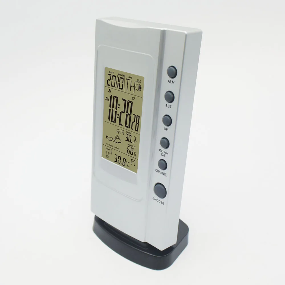 DYKIE RF беспроводной серебристый Метеостанция Будильник с Крытый Открытый Цифровой термометр гигрометр+ 3 дистанционные передатчики