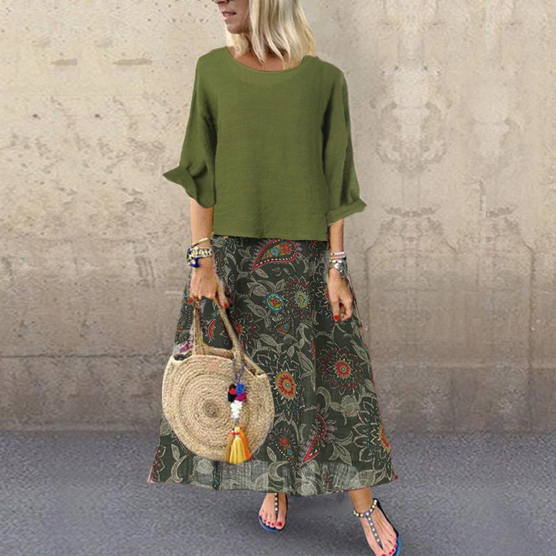 

2019 New Vintage Women Maxi Floral Dress 2 pcs Long Sleeves O Neck Cotton Linen Loose Robe Dresses Vestidos High Quality
