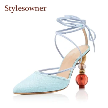 

New Sexy Runway Sandal Shoes Pointed Toe Ankle Strappy Strange Heel Gladiator Shoe Green Blue Beige Stylish Chic Elegant Sandals