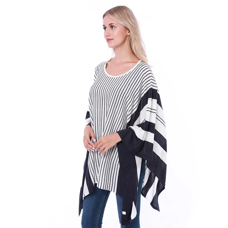New Style Woman Fashion Poncho Kintted Sweater Plus Size Pullover Women Shawl Stripe Poncho For Lady Winter Coat