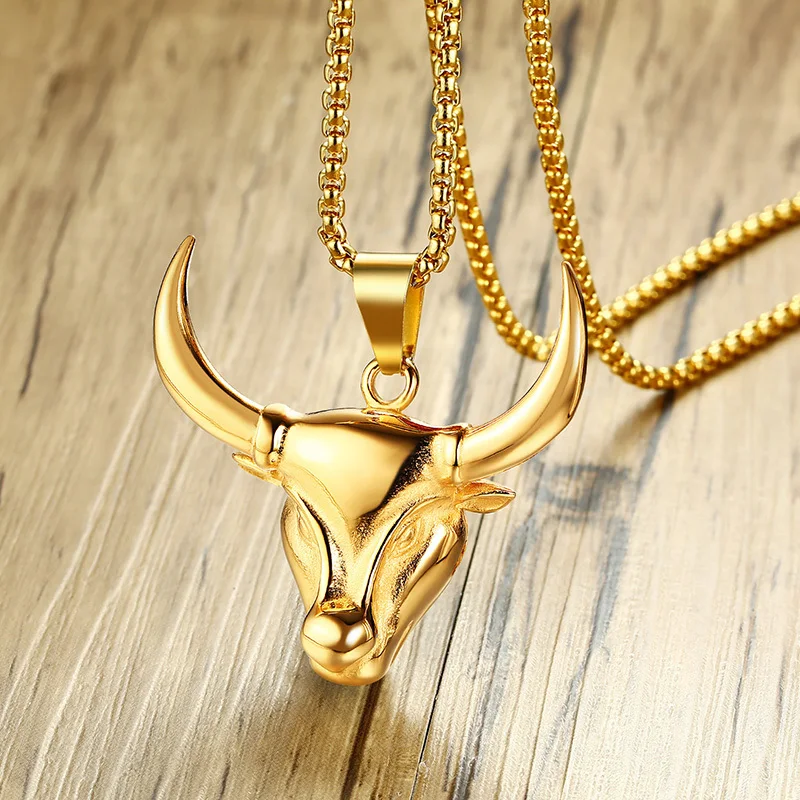 Bull Head Mens Necklace Pendant Stainless Steel Gold Tone Cow Cattle Ox Bull Taurus Horns Tribal