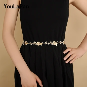 

YouLaPan SH122 golden wedding belt with golden leaves crystal wedding dress belt rhinestone belt wedding accessories bride belt