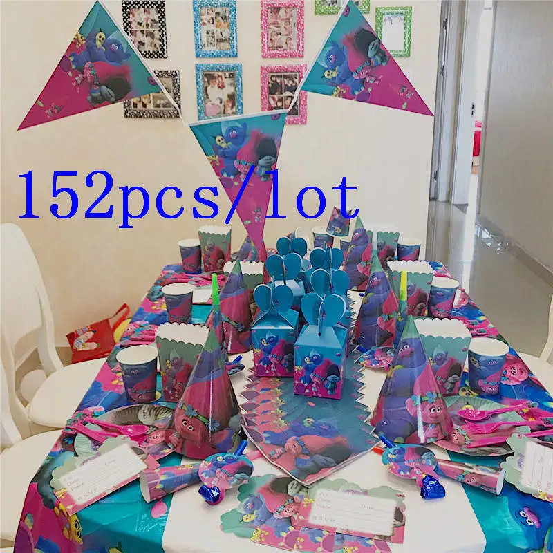 

152Pcs/Lot Magic Trolls Theme Design Cup Plate Napkin Boy Girl Birthday Party Decoration Family Party Candy box Gift Bag Supply
