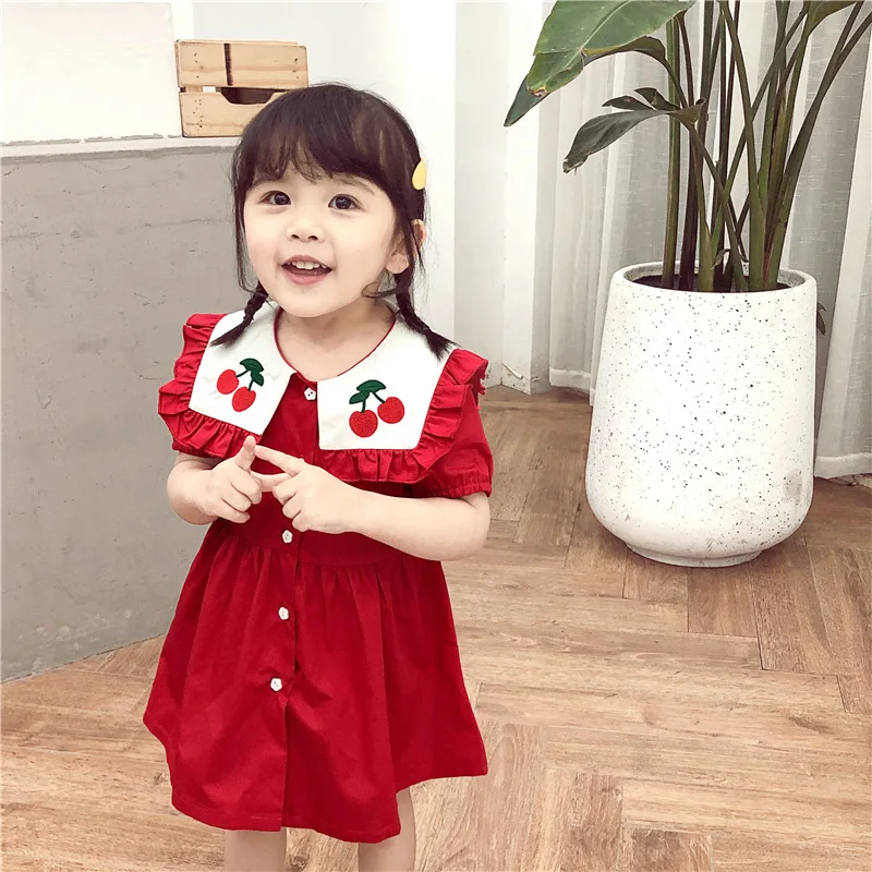 

New 2019 Summer Girl Dresses Cotton Red Short Sleeve Cherry Embroidery Party Princess Dress Toddler Clothes Lovely Kids Dresses