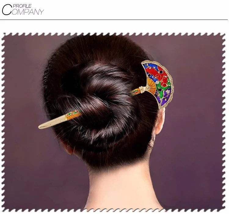 Classical Sector Design Rhinestones Cloisonne Hairpin Chopsticks