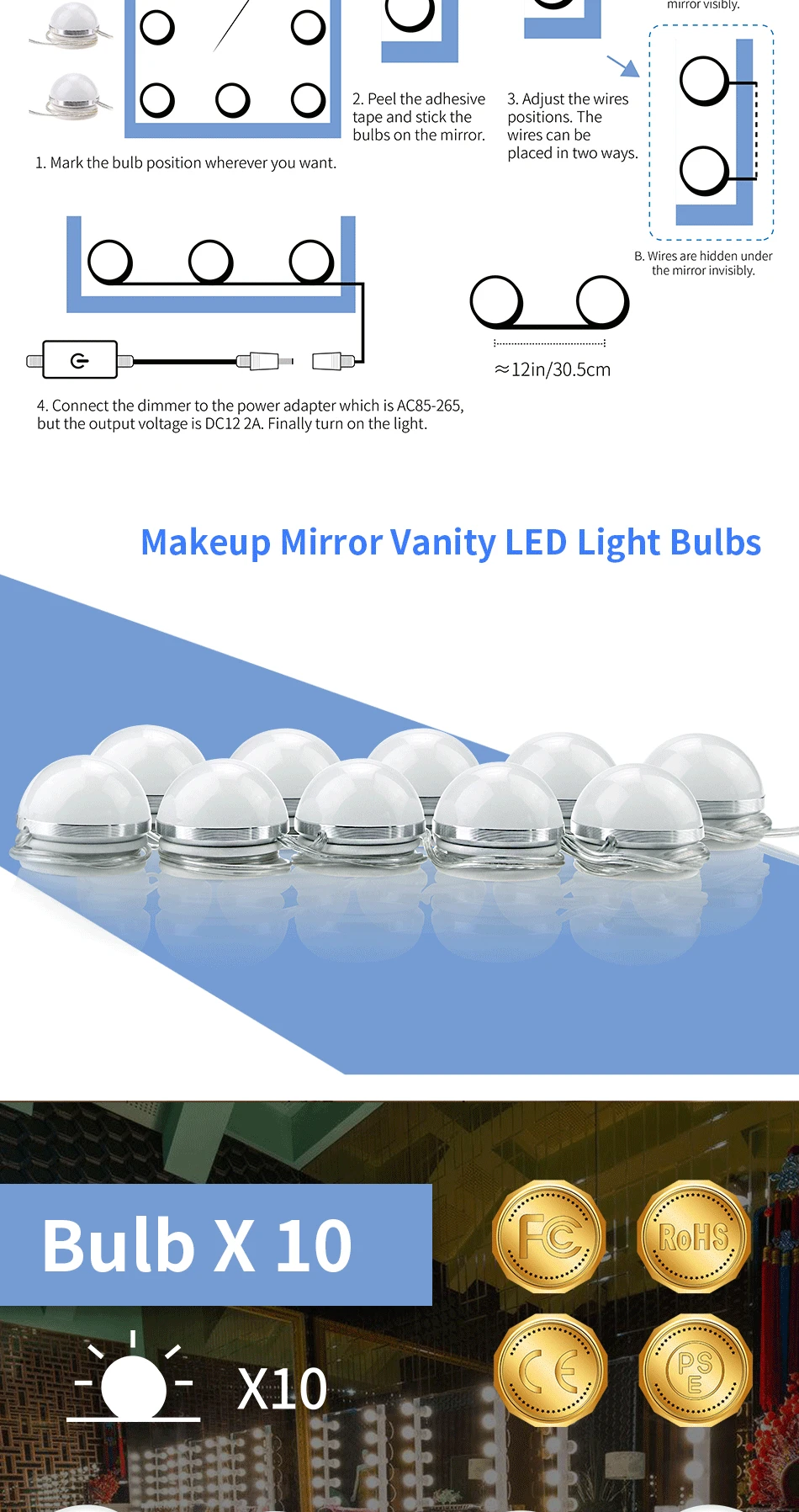 Светодиодный макияж лампа DC12V зеркальный светильник Голливуд Vanity Светильник лампы Плавная затемнения светильник ing для туалетного столика светодиодный 6 10 лампы