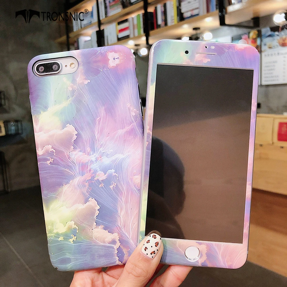 

TRONSNIC Flower Phone Case for iPhone X XS MAX XR Blue Pink Tempered Glass Film for iPhone 6 6S 7 8 Plus Luxury Hard Matte Cover