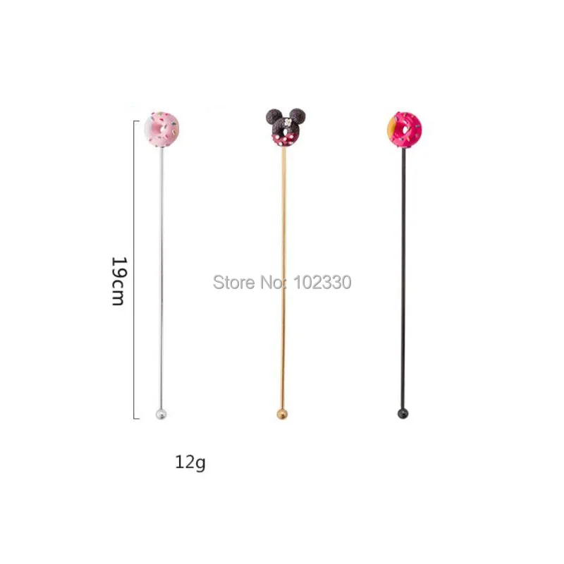 100pcs Cute Resin Donut Stainless Steel Coffee Stir Bar Bar Cocktail Mixing Spoon Stirring Rod Silver Gold