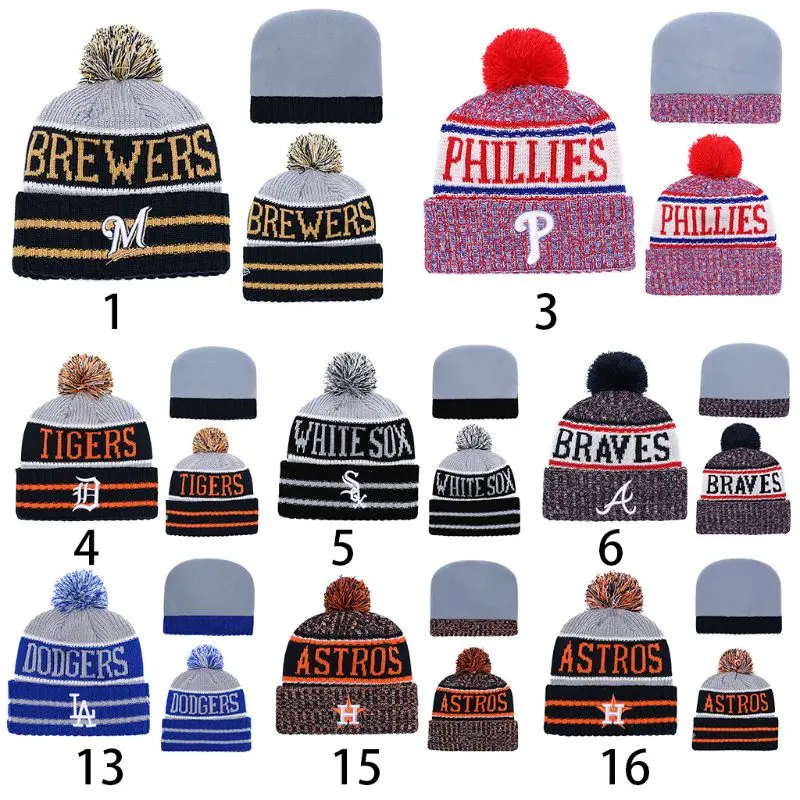 

Thicken Lining Knitted Hat American Baseball Fans Letters Embroidered Beanie Cap Color Block Ear Warmer With Pompom Ball