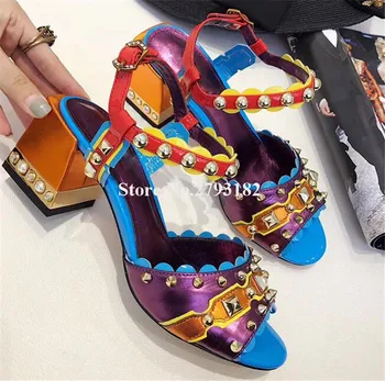 

Women Fashion Designer Open Toe Purple Patchwork Chunky Heel Rivet Sandals Ankle Strap Buckle Crystal Thick High Heel Sandals