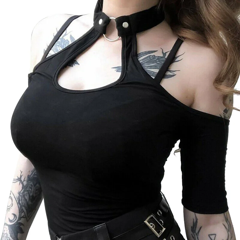 

New Arrival Women Black Off Shoulder Hang Neck Choker Backless T-shirts Tops for Summer